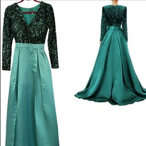 Prom Gown/Dress, Green Sequin Evening Gown w/Crystal Beaded Sash, Sz Small/0-2